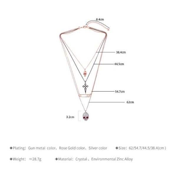 Layered Skull Safety Pin Cross Rose Gold Gun Metal Silver Necklace NWT - Picture 8 of 8